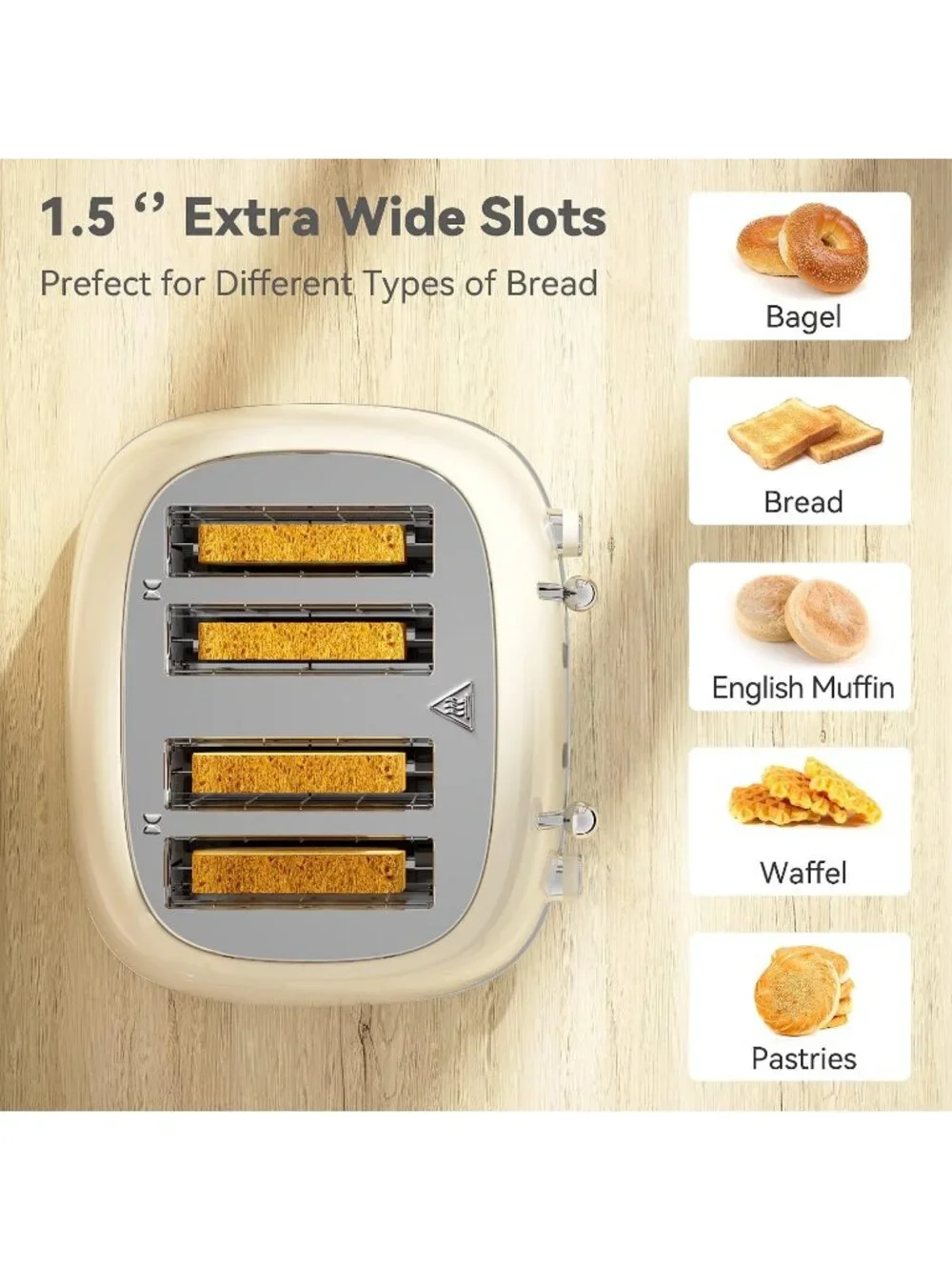 4 Slice Cream Retro Stainless with 6 Bread Shade Settings 1.5''Wide Toaster